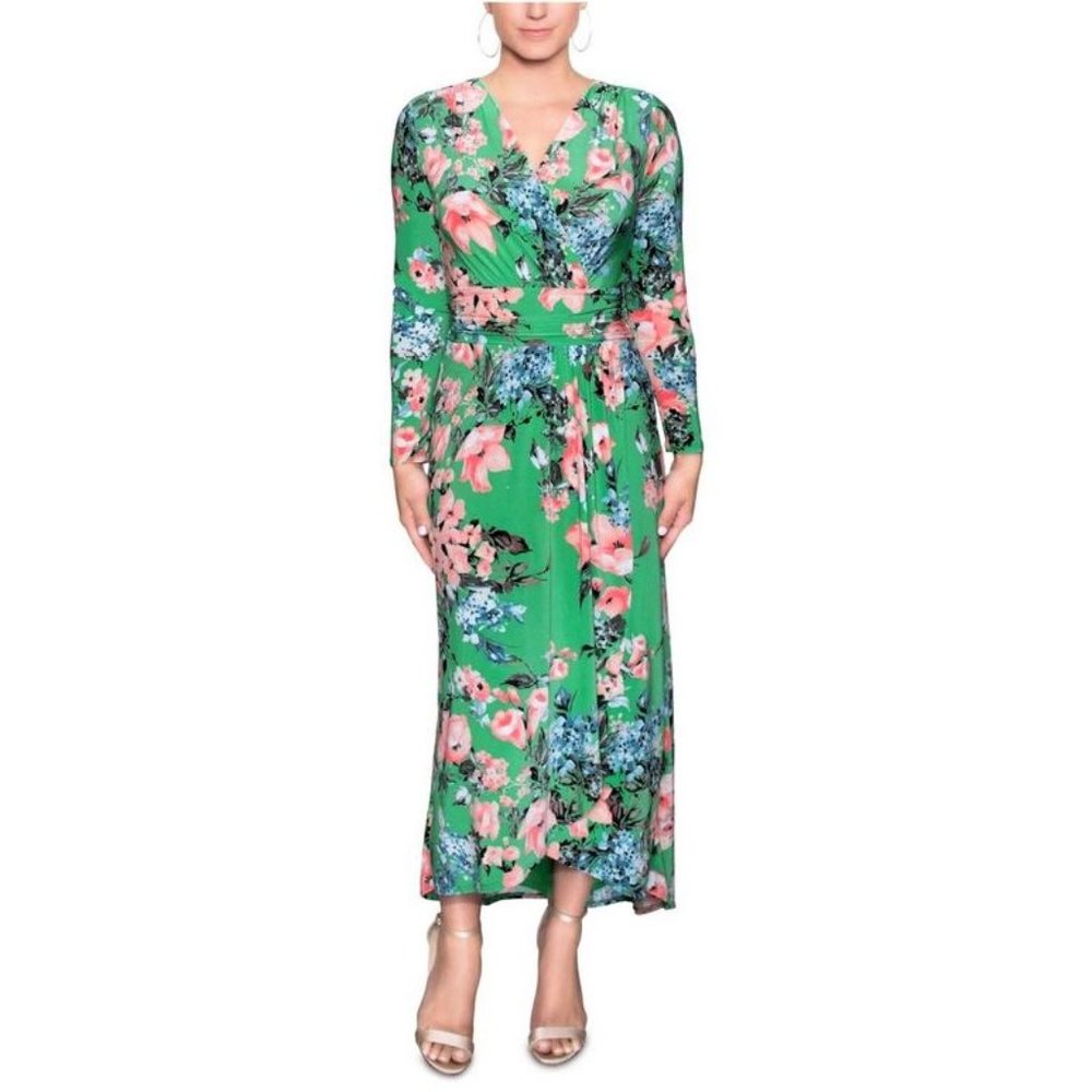 NWT RACHEL ROY Green Floral-Print Faux-Wrap Jersey Dress, Sz XL
